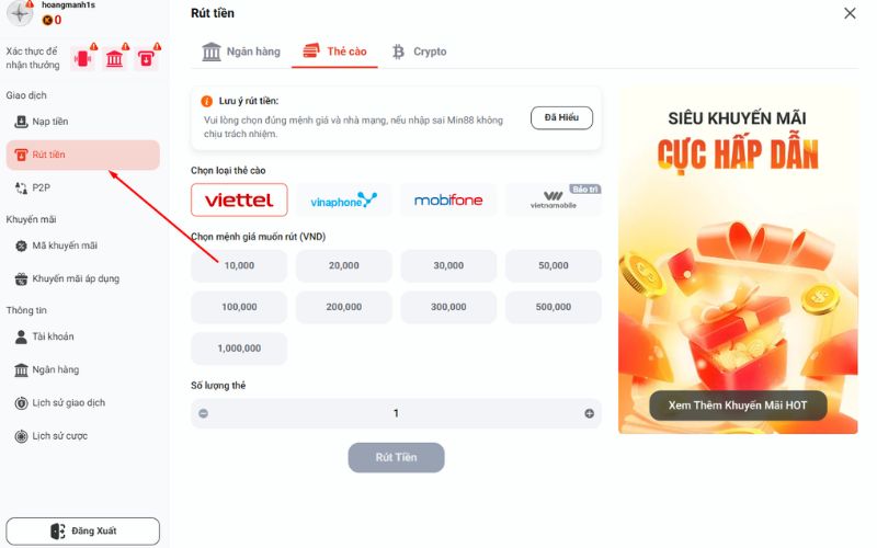 Quy trình chuyển và nhận tiền trong tài khoản Min88