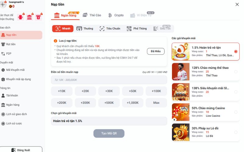 Hướng dẫn thực hiện giao dịch nạp và rút tiền trên Min88